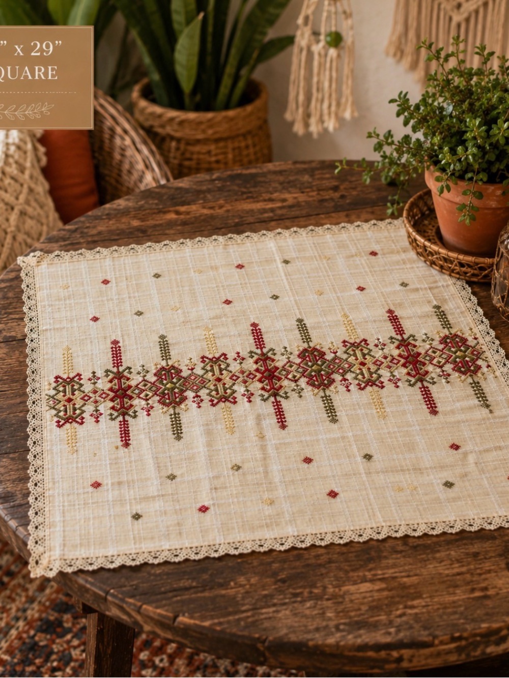 Source Unknown Cream Square Table Topper with Red & Green Embroidery